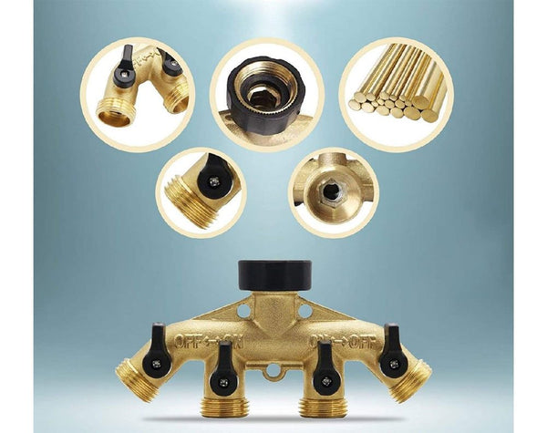 4-Way Brass Splitter 3/4 Inch for Taps 4 On/Off Valves Garden Hose Tap Connector