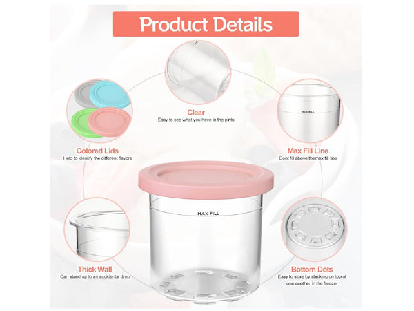 4 Pack Ice Cream Cups 16oz Containers for Ninja Creami Pint,NC299AMZ & NC300s
