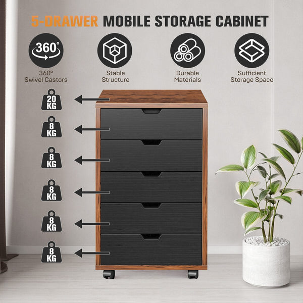 5 Drawer File Cabinet Mobile Filing Document Organiser Chest Cupboard Brown