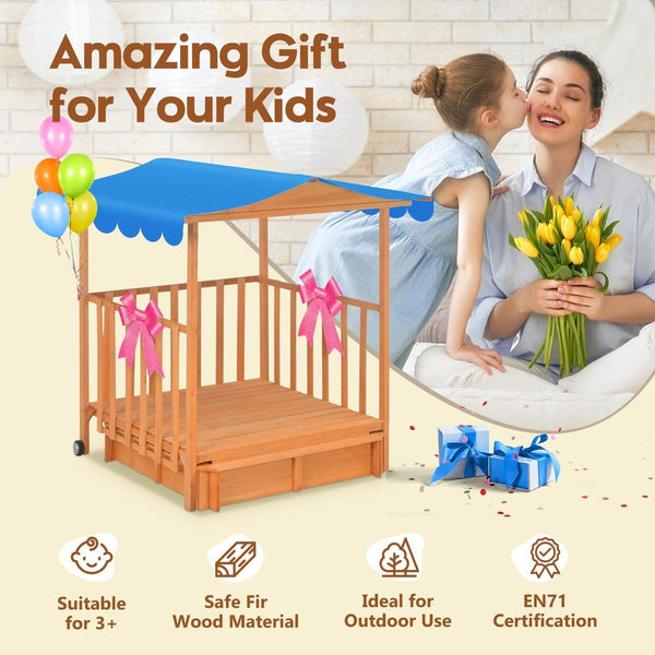 Kids Playhouse Sand Pit Wooden Box Canopy Play Ground Station Outdoor Toys