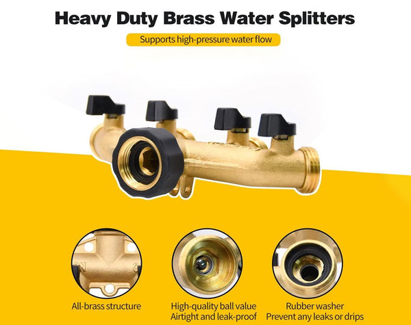 4-Way Brass Splitter 3/4 Inch for Taps 4 On/Off Valves Garden Hose Tap Connector