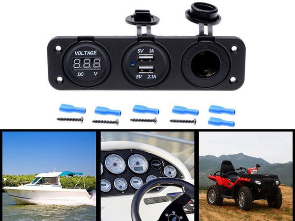 3 in 1 Car Dual USB Port Charger + Cigarette Lighter Socket + Digital Voltmeter