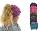 Girl's Beanie tail Messy Bun Ponytail Stretchy Warm Knit Beanie Hat,Blue
