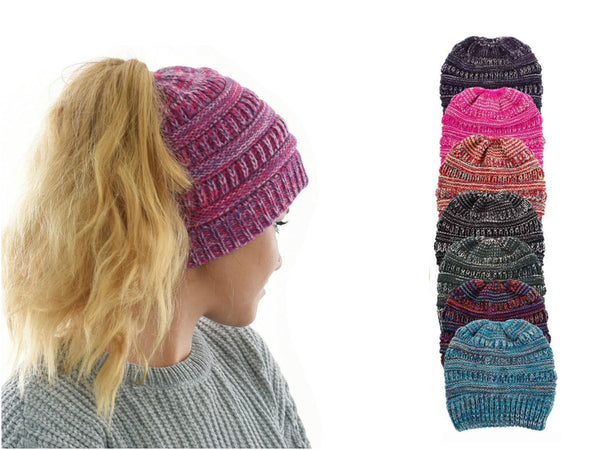 Girl's Beanie tail Messy Bun Ponytail Stretchy Warm Knit Beanie Hat,Blue
