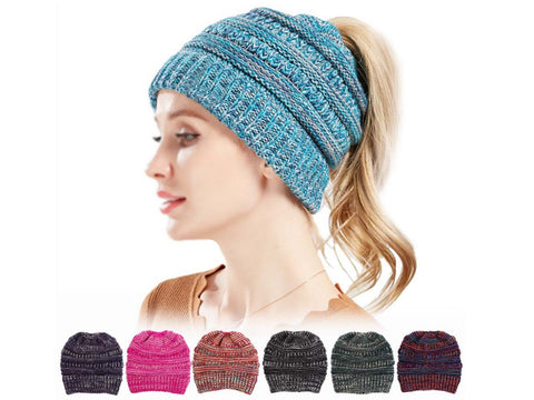 Girl's Beanie tail Messy Bun Ponytail Stretchy Warm Knit Beanie Hat,Blue