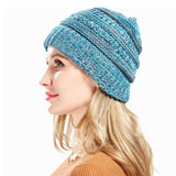 Girl's Beanie tail Messy Bun Ponytail Stretchy Warm Knit Beanie Hat,Blue