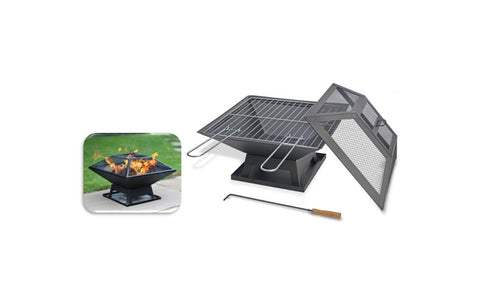 Square Firepit With Cover Bowl Brazier Wood Burning Backyard Heater BBQ