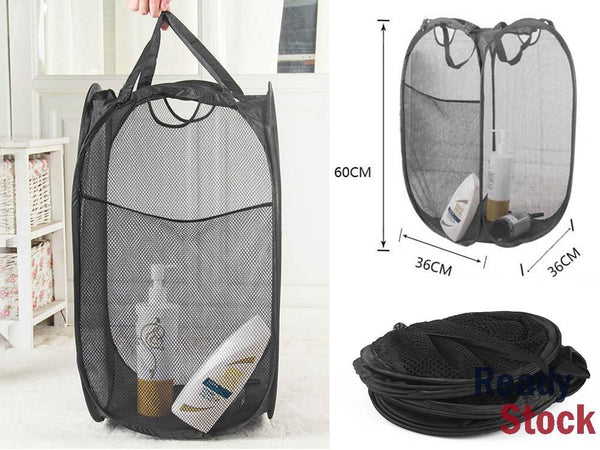 Folable Mesh Messy Clothes Storage Basket- Black