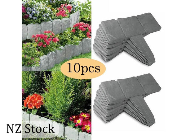 10Pcs Garden Edging Plastic Fence Stone Effect Lawn Yard Flower Plant Border