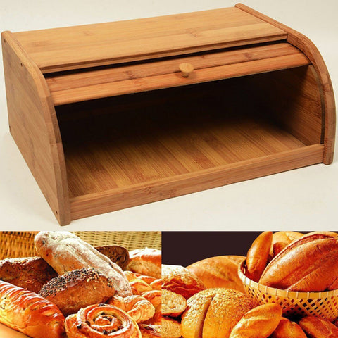 Bamboo Wood Roll Top Bread Bin Storage Box