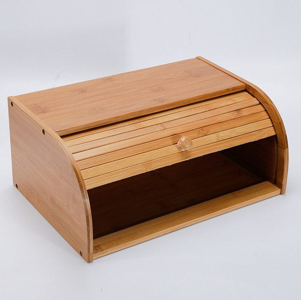 Bamboo Wood Roll Top Bread Bin Storage Box