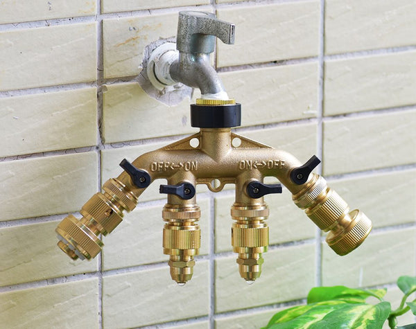 4-Way Brass Splitter 3/4 Inch for Taps 4 On/Off Valves Garden Hose Tap Connector