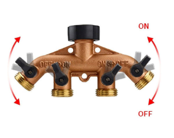 4-Way Brass Splitter 3/4 Inch for Taps 4 On/Off Valves Garden Hose Tap Connector