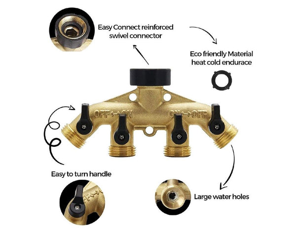 4-Way Brass Splitter 3/4 Inch for Taps 4 On/Off Valves Garden Hose Tap Connector