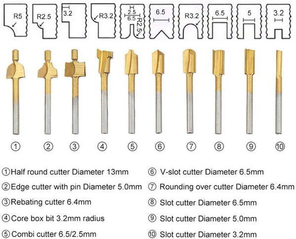 10pcs HSS Routing Router Bits Dremel Rotary Tools