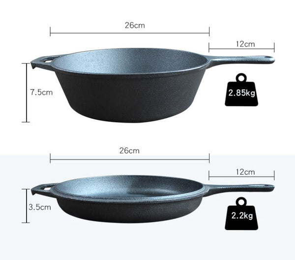 2 In 1 Cast Iron Frying Pan Pot with Lid Oven Skillet Set