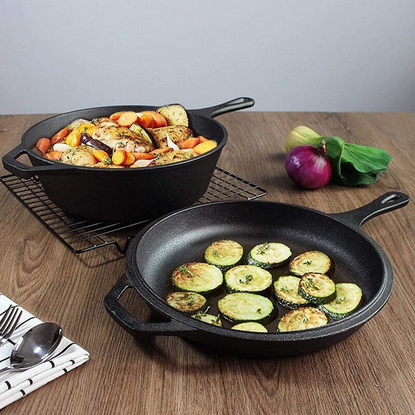 2 In 1 Cast Iron Frying Pan Pot with Lid Oven Skillet Set