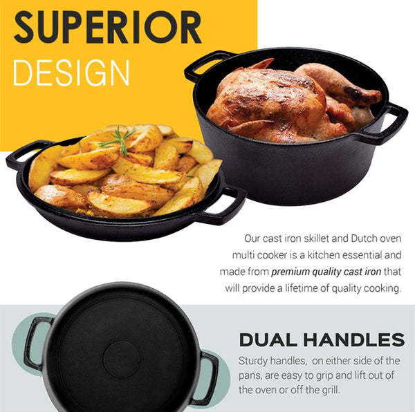 2 In 1 Cast Iron Dutch Oven Set With Lid