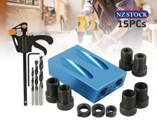 15Pcs Angle Hole Kit Pocket hole Jig Guide Dowel Drill Oblique Drilling
