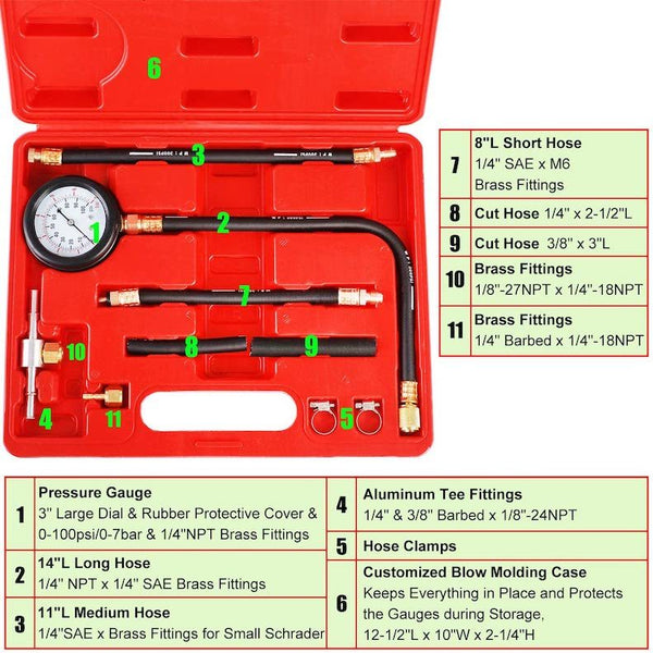 Universal Fuel Injection Gauge Pressure Tester Test Kit Car System Pump Tool Set