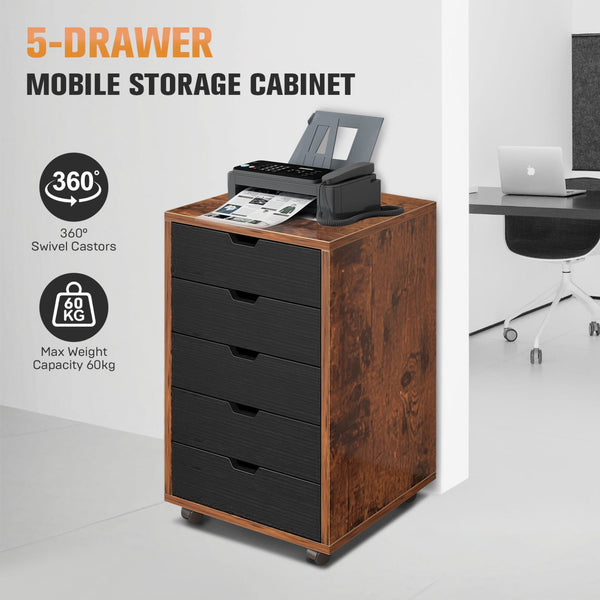 5 Drawer File Cabinet Mobile Filing Document Organiser Chest Cupboard Brown