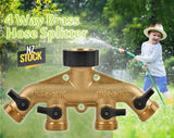 4-Way Brass Splitter 3/4 Inch for Taps 4 On/Off Valves Garden Hose Tap Connector