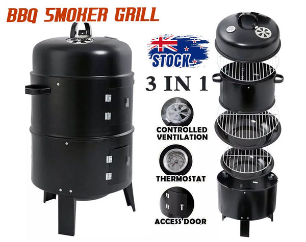 3 In 1 Barrel Charcoal Smoker BBQ Grill with Chimney - 3 Tier BBQ Smoker