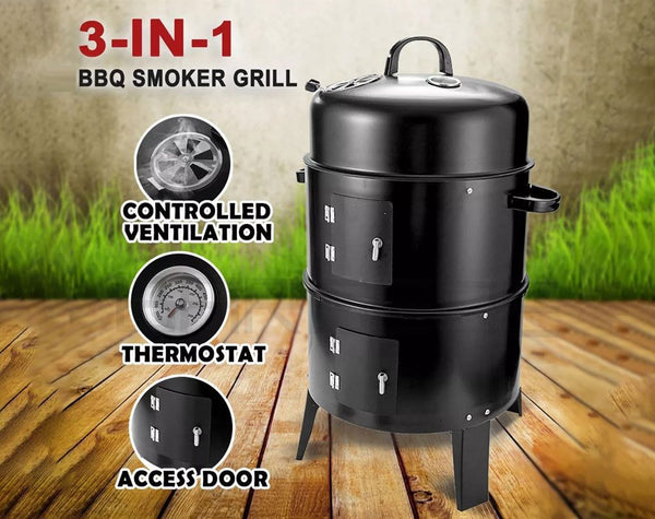 3 In 1 Barrel Charcoal Smoker BBQ Grill with Chimney - 3 Tier BBQ Smoker