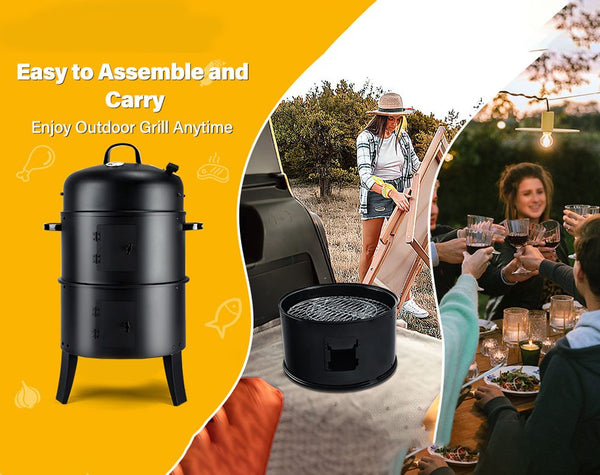 3 In 1 Barrel Charcoal Smoker BBQ Grill with Chimney - 3 Tier BBQ Smoker