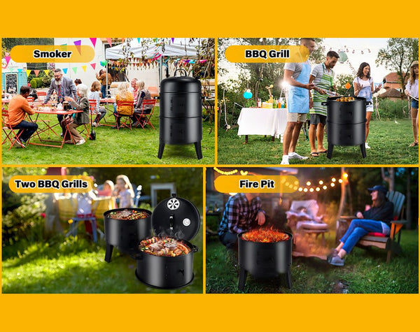 3 In 1 Barrel Charcoal Smoker BBQ Grill with Chimney - 3 Tier BBQ Smoker