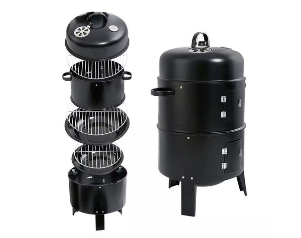 3 In 1 Barrel Charcoal Smoker BBQ Grill with Chimney - 3 Tier BBQ Smoker