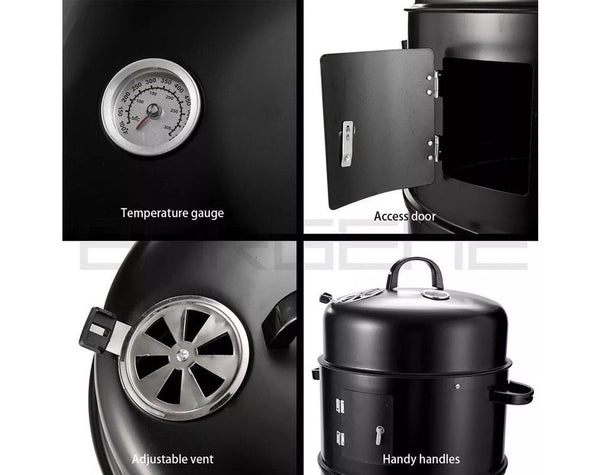 3 In 1 Barrel Charcoal Smoker BBQ Grill with Chimney - 3 Tier BBQ Smoker