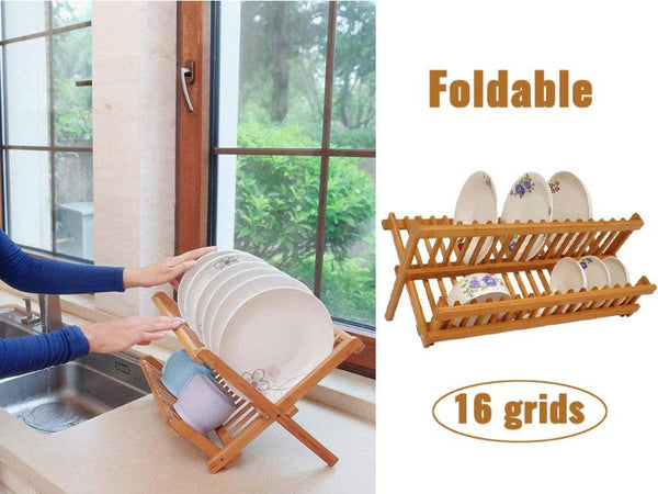 2-Tier Bamboo Dish Rack, Compact, Space-Saving