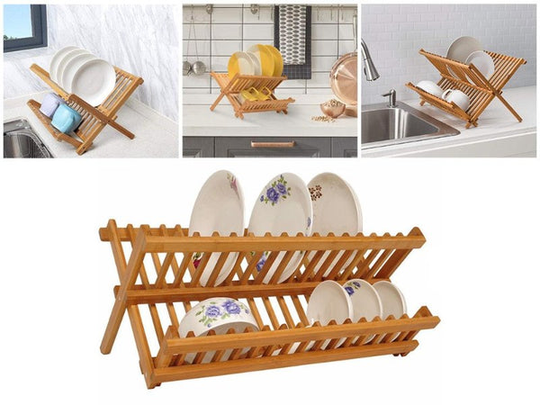 2-Tier Bamboo Dish Rack, Compact, Space-Saving