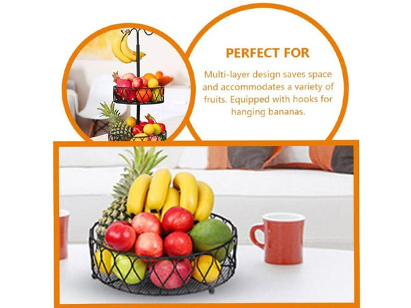 2-Tier Iron Fruit Bowl Stand with Double Banana Hanger Hooks
