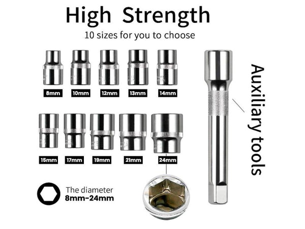 1/2" Drive Ratchet Socket Set, 12pc Metric 8-24mm