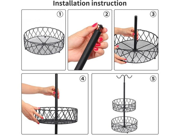 2-Tier Iron Fruit Bowl Stand with Double Banana Hanger Hooks