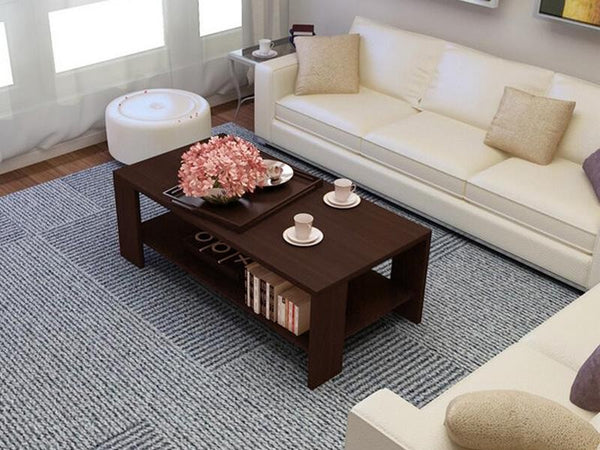Coffee Table with Storage Shelf Modern Design Dark Walnut