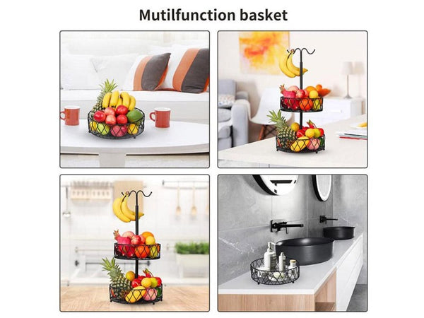 2-Tier Iron Fruit Bowl Stand with Double Banana Hanger Hooks