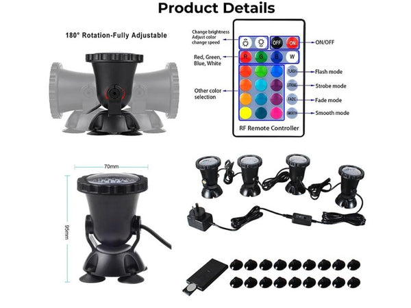 4Pack Submersible RGB LED Pond Lights IP68 Waterproof Spotlight