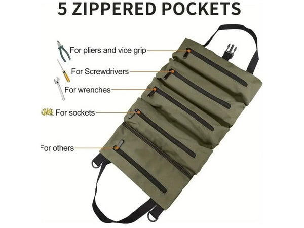 Tool Storage Bag Roll Bag Portable and with 5 Zip Pockets