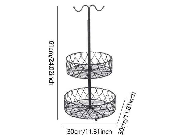 2-Tier Iron Fruit Bowl Stand with Double Banana Hanger Hooks