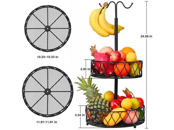 2-Tier Iron Fruit Bowl Stand with Double Banana Hanger Hooks