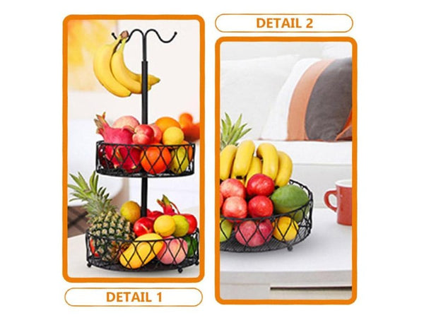 2-Tier Iron Fruit Bowl Stand with Double Banana Hanger Hooks