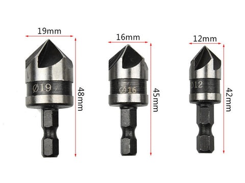 Countersink Drill Bit Set 1/4" Hex Quick Change Bit 12mm 16mm 19mm